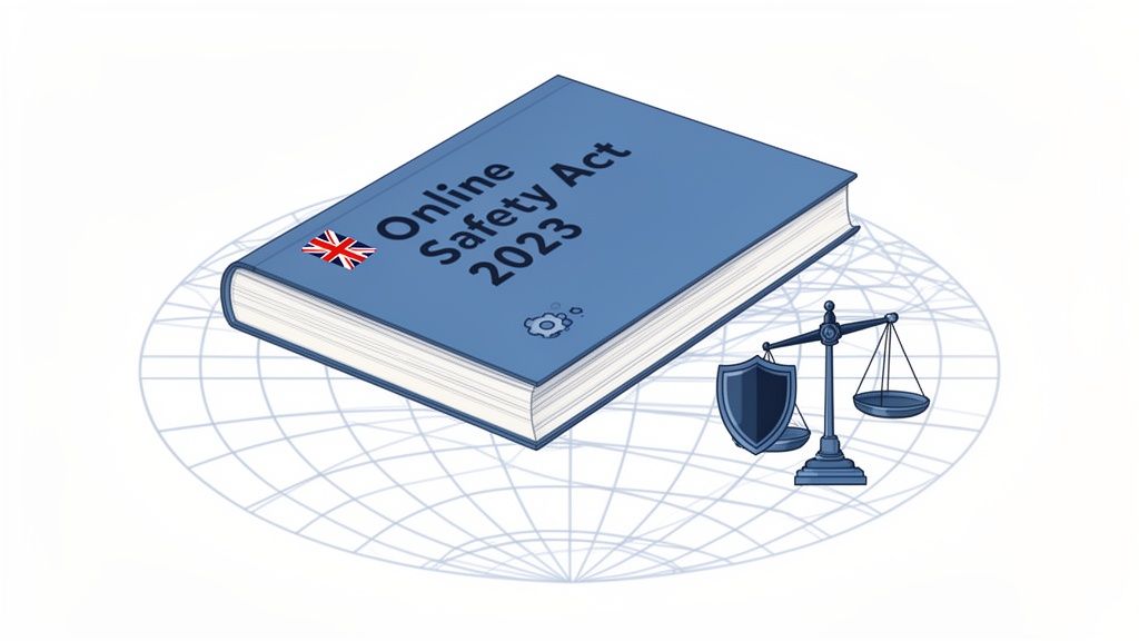 A blue book titled 'Online Safety Act 2023' with a UK flag, scales of justice, and a shield on a global grid.