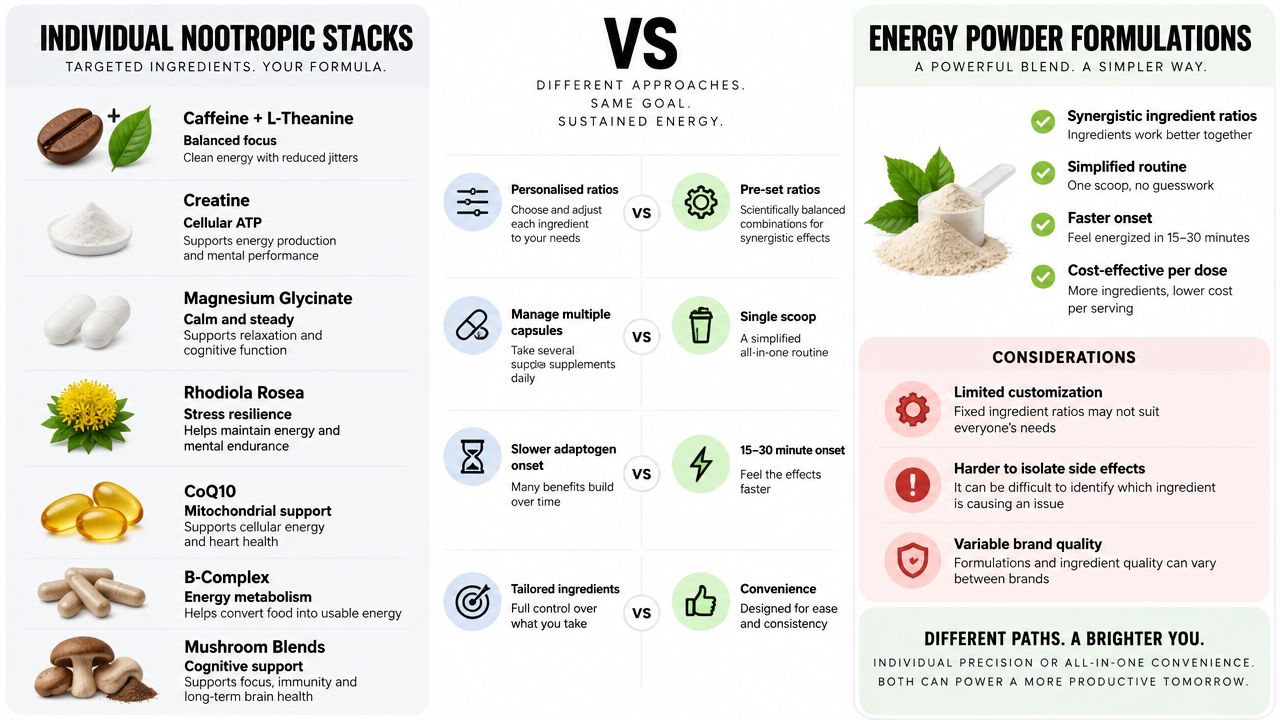 A comparison infographic between individual nootropic stacks and pre-mixed energy powder formulations for brain health.