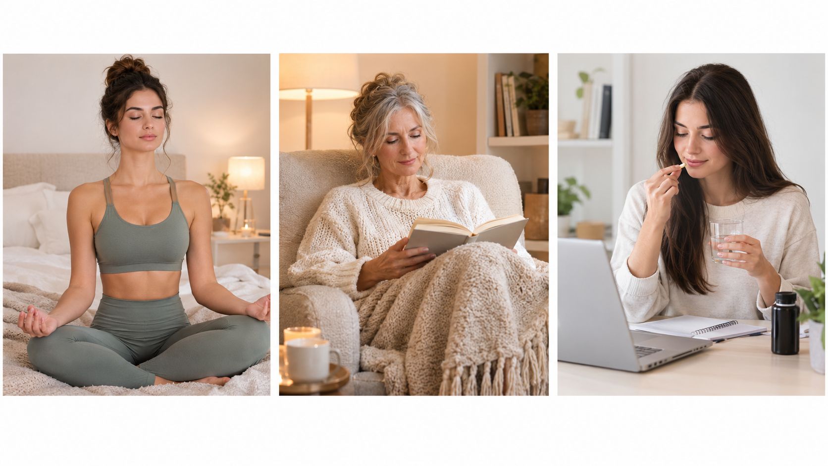 Collage showing a woman meditating, an older woman reading, and a woman taking a supplement.