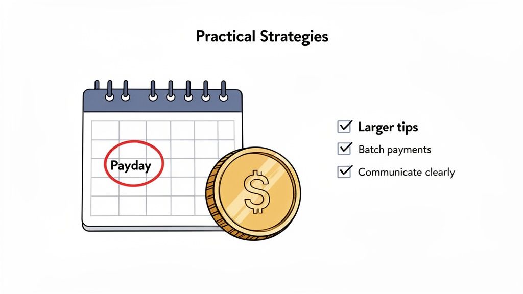 A calendar showing 'Payday' next to a gold dollar coin and a checklist of practical payment strategies.