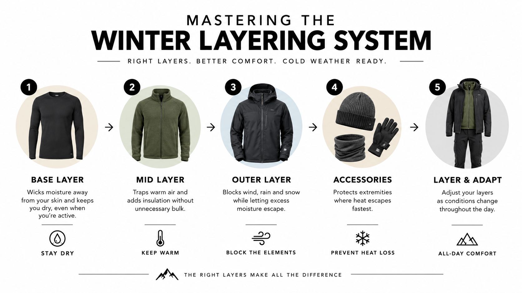 A diagram illustrating the five stages of a winter layering system for outdoor clothing and cold weather comfort.
