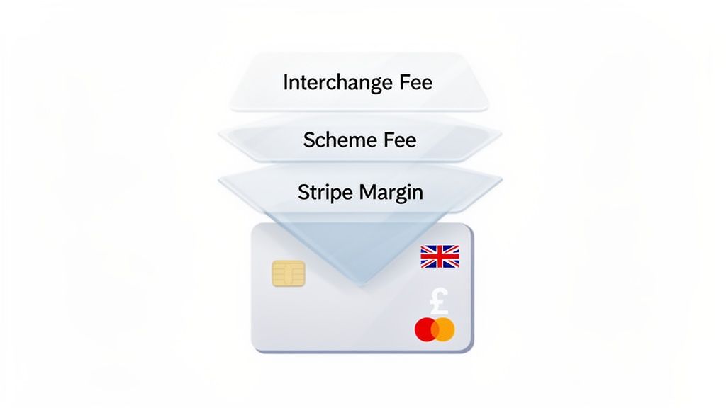 An illustration showing payment processing fees, including Interchange Fee, Scheme Fee, and Stripe Margin, layered above a UK credit card.