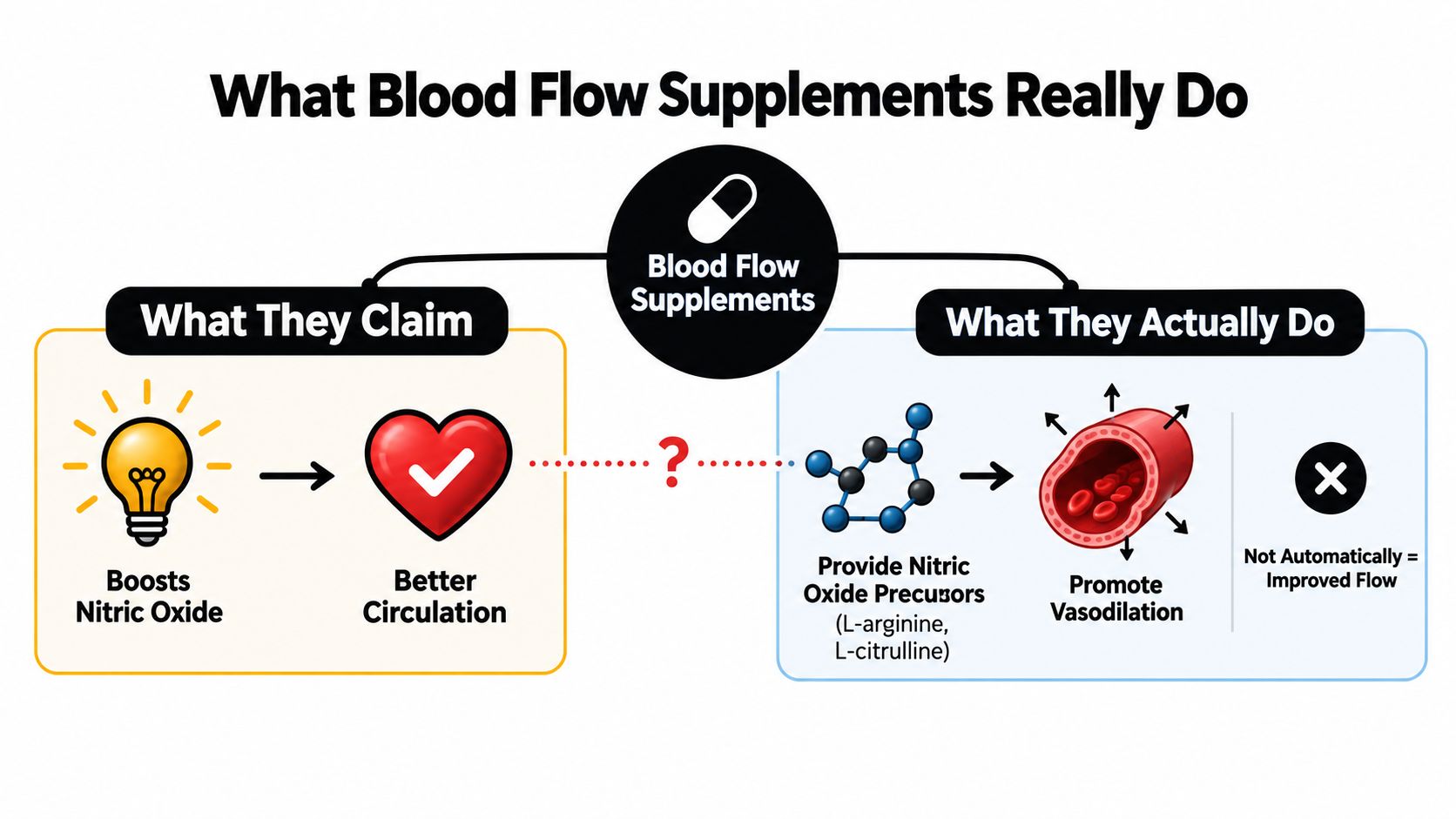 An infographic showing the difference between claims made by blood flow supplements and their actual physiological effects.
