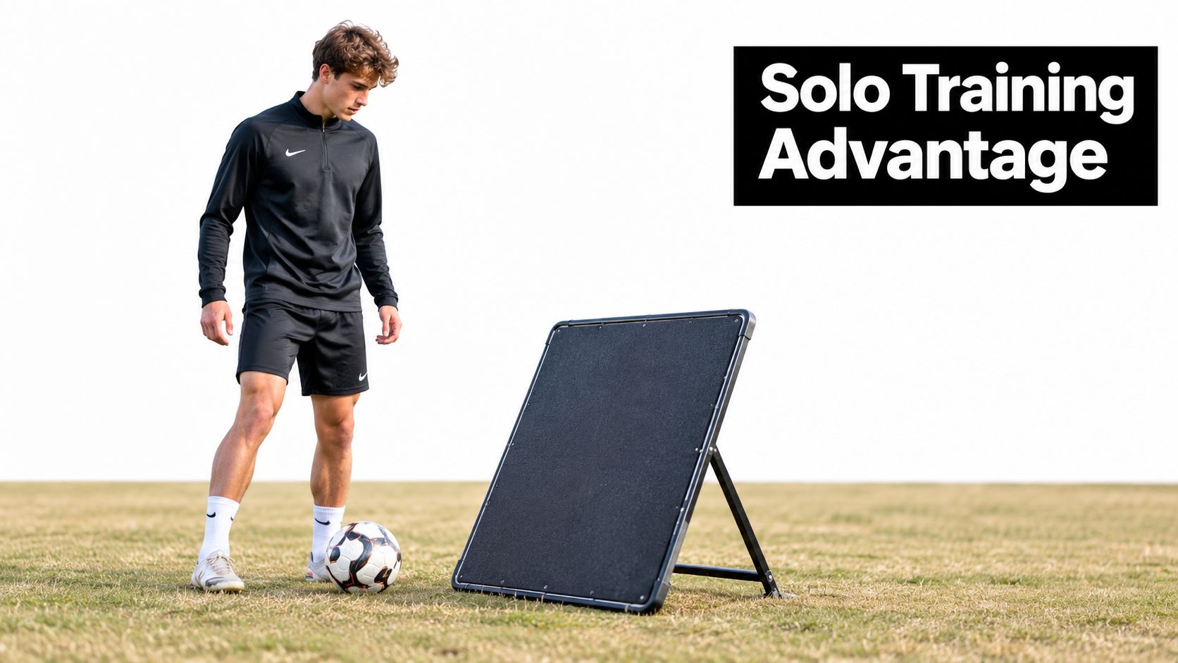 A soccer player standing on a field next to a black rebound board during training