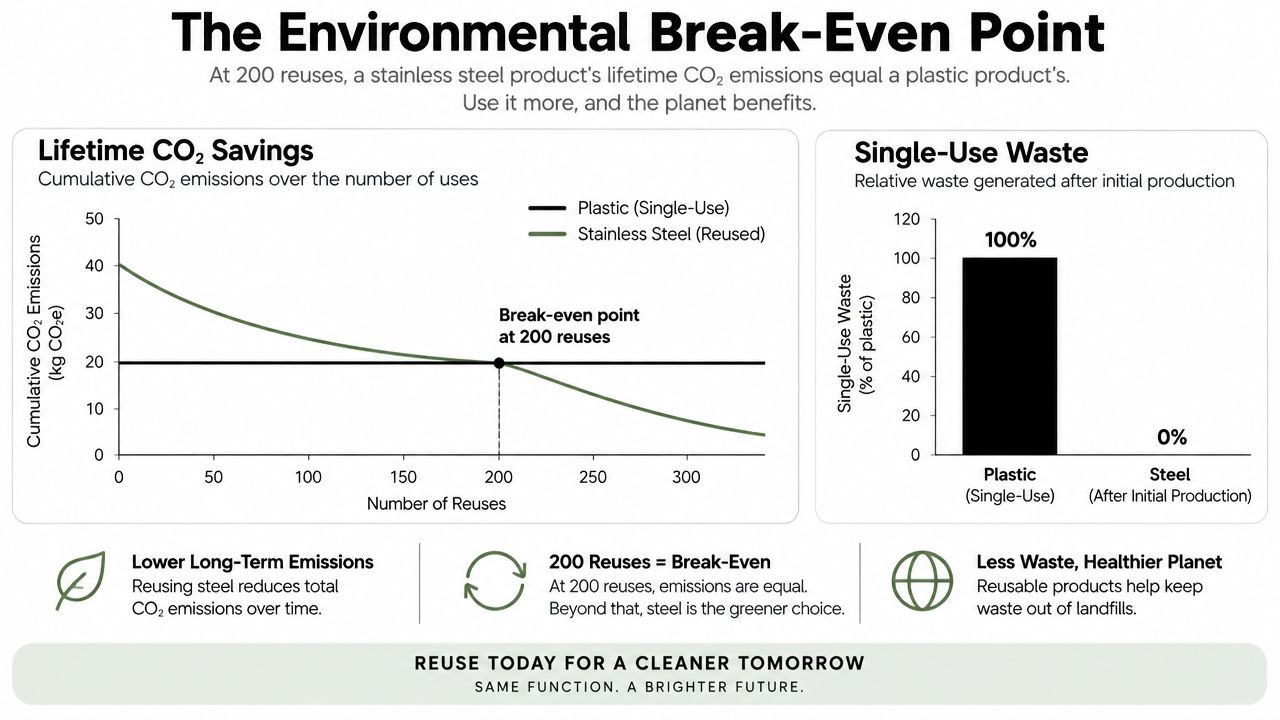 A chart comparing cumulative CO2 emissions and waste generation between reusable stainless steel and single-use plastic products.