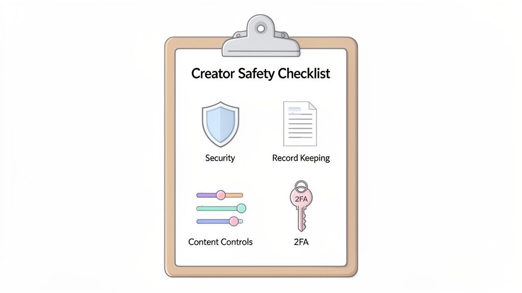 A Creator Safety Checklist with icons for Security, Record KKeeping, Content Controls, and 2FA.