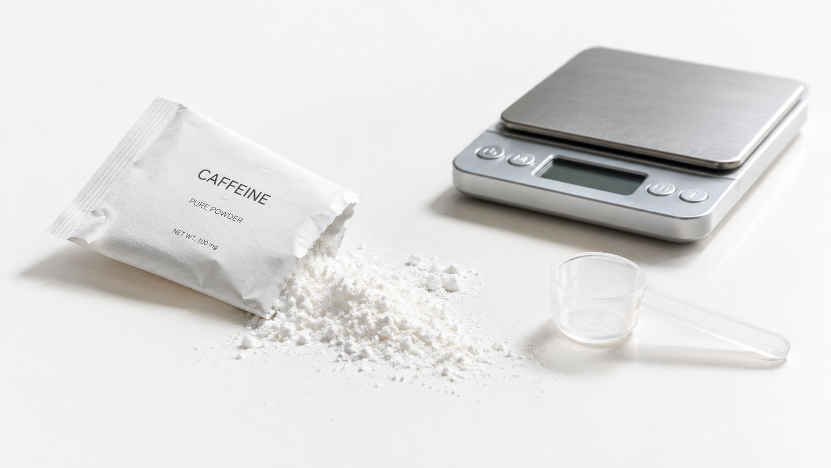 A small bag of pure caffeine powder spilled on a table next to a digital scale.