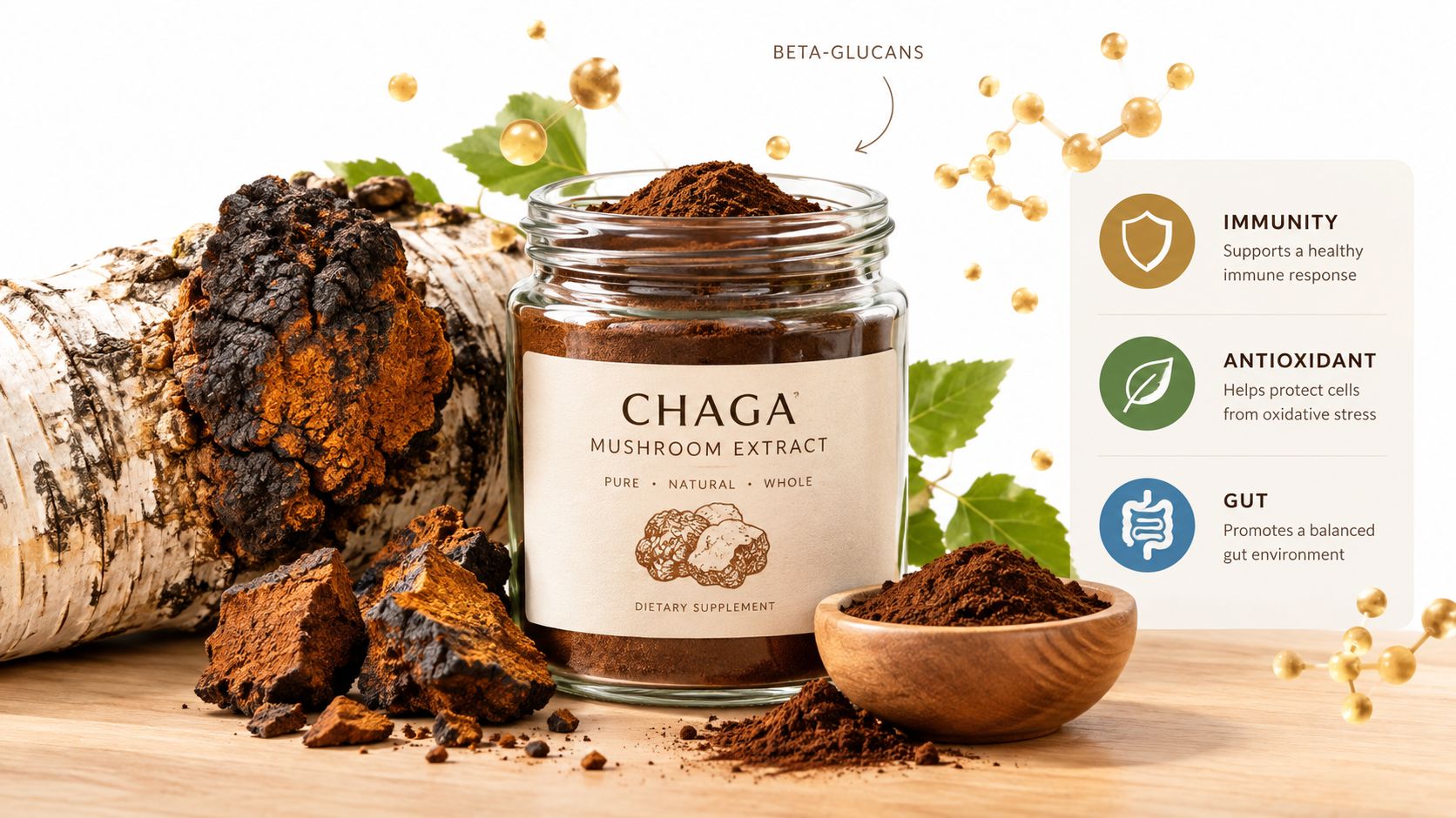 A glass jar of chaga mushroom extract powder placed next to a birch log and wooden bowl.