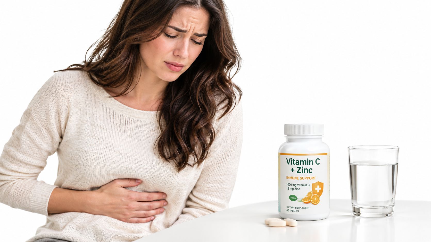 A woman holding her stomach in pain while looking at a bottle of Vitamin C with Zinc supplements.