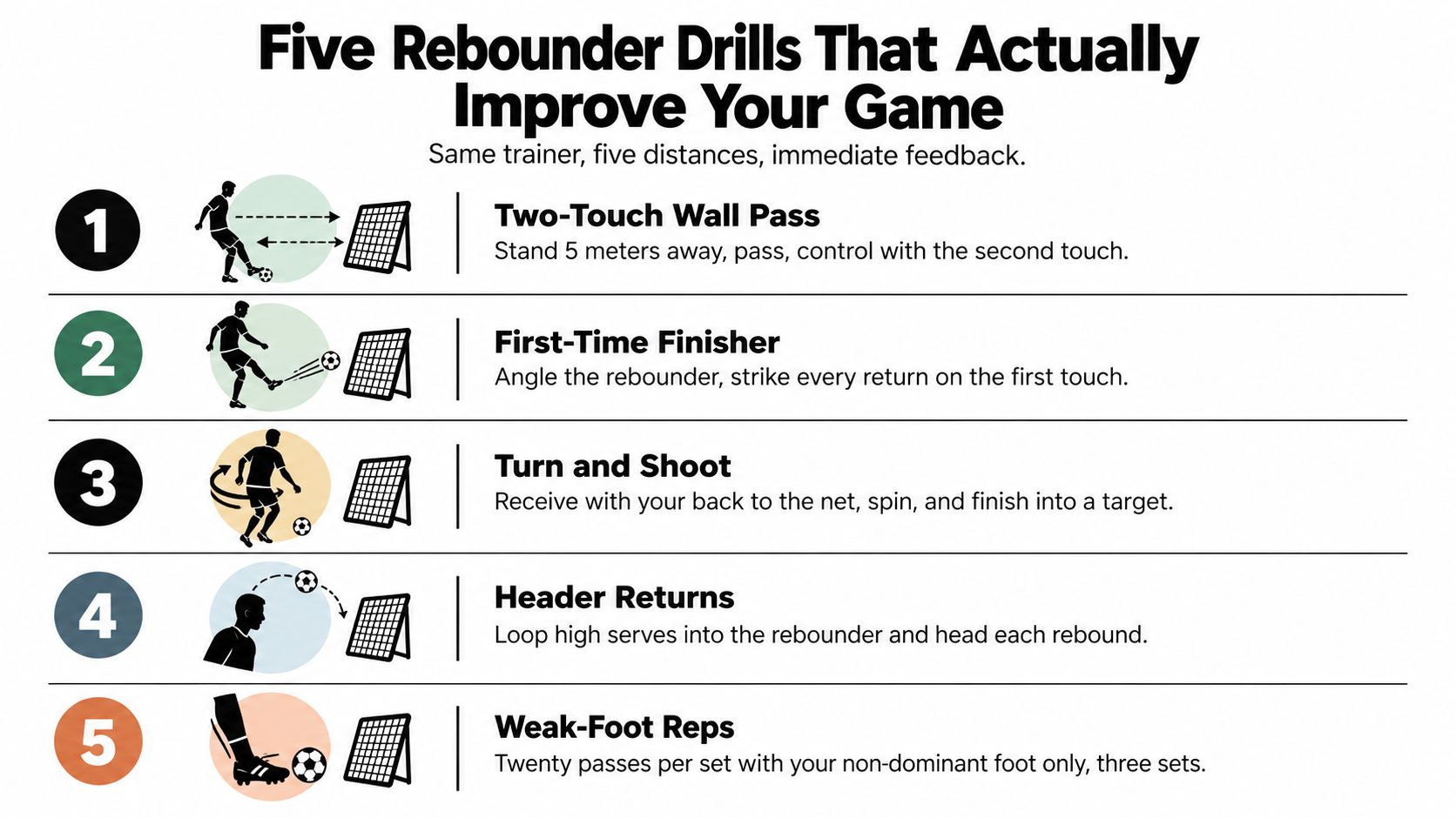 An instructional graphic displaying five essential soccer rebounder drills designed to improve a player's passing and shooting skills.