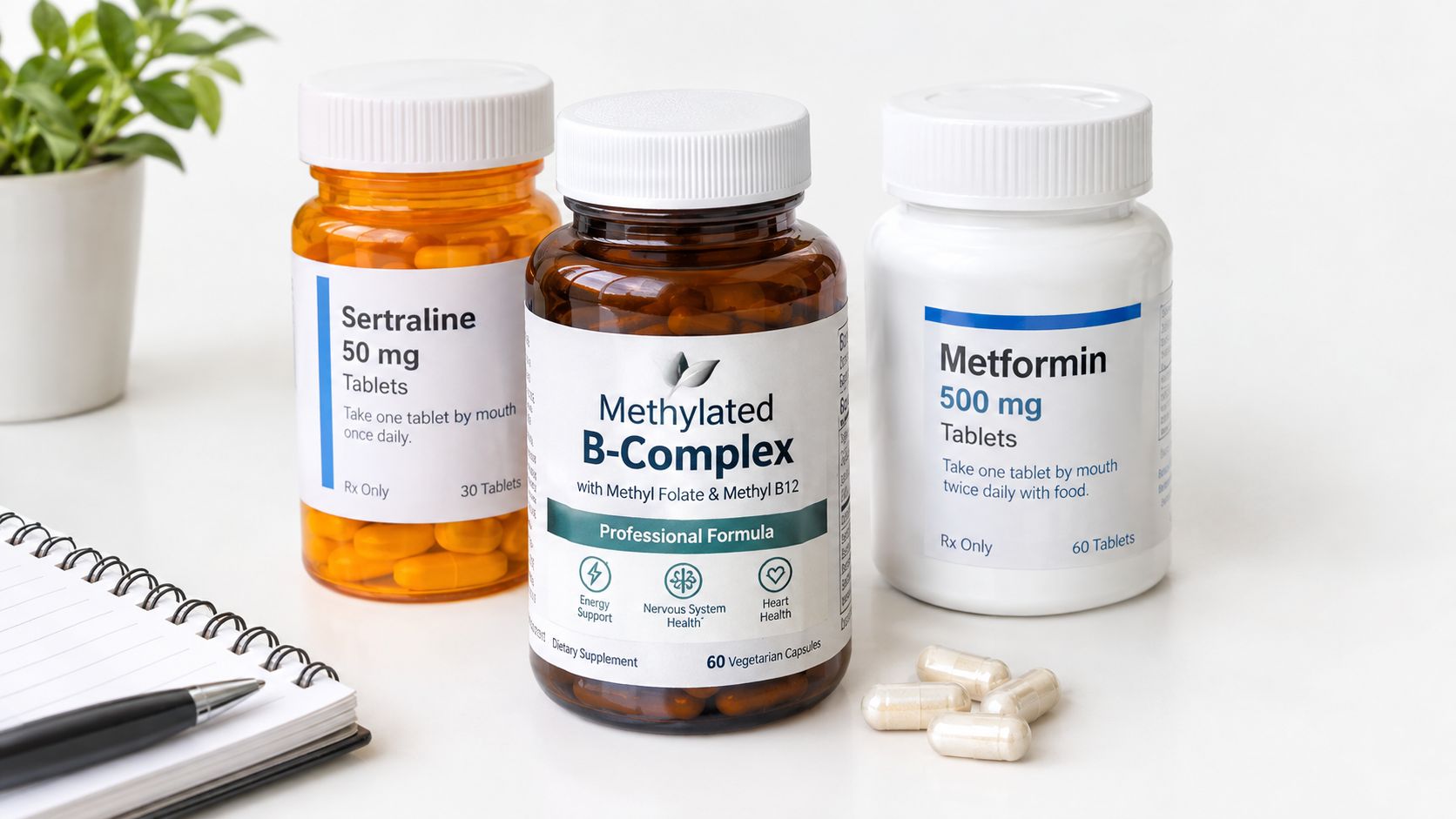 A bottles of Sertraline, Methylated B-Complex, and Metformin supplements sitting on a table with a notepad.