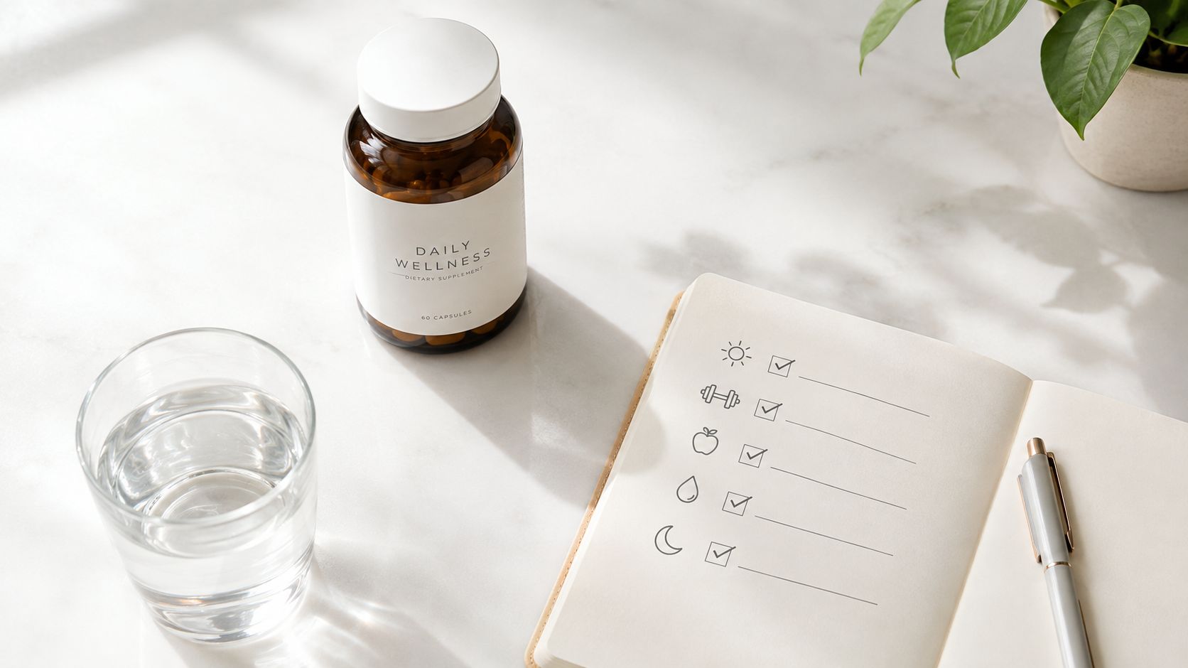 A brown bottle of daily wellness supplements, a glass of water, and a checklist on a white table.