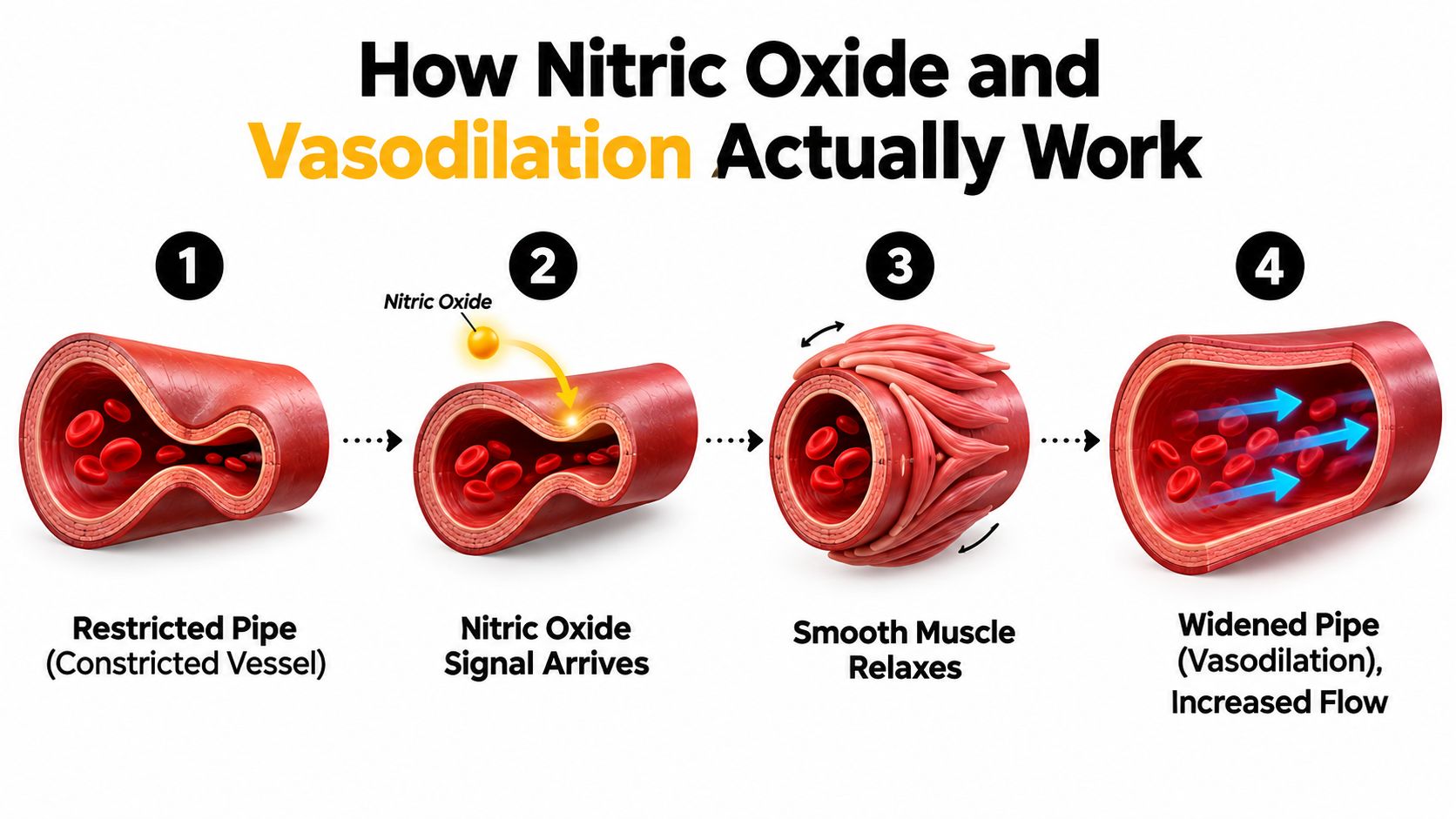 A diagram illustrating the biological process of vasodilation triggered by nitric oxide in a blood vessel.