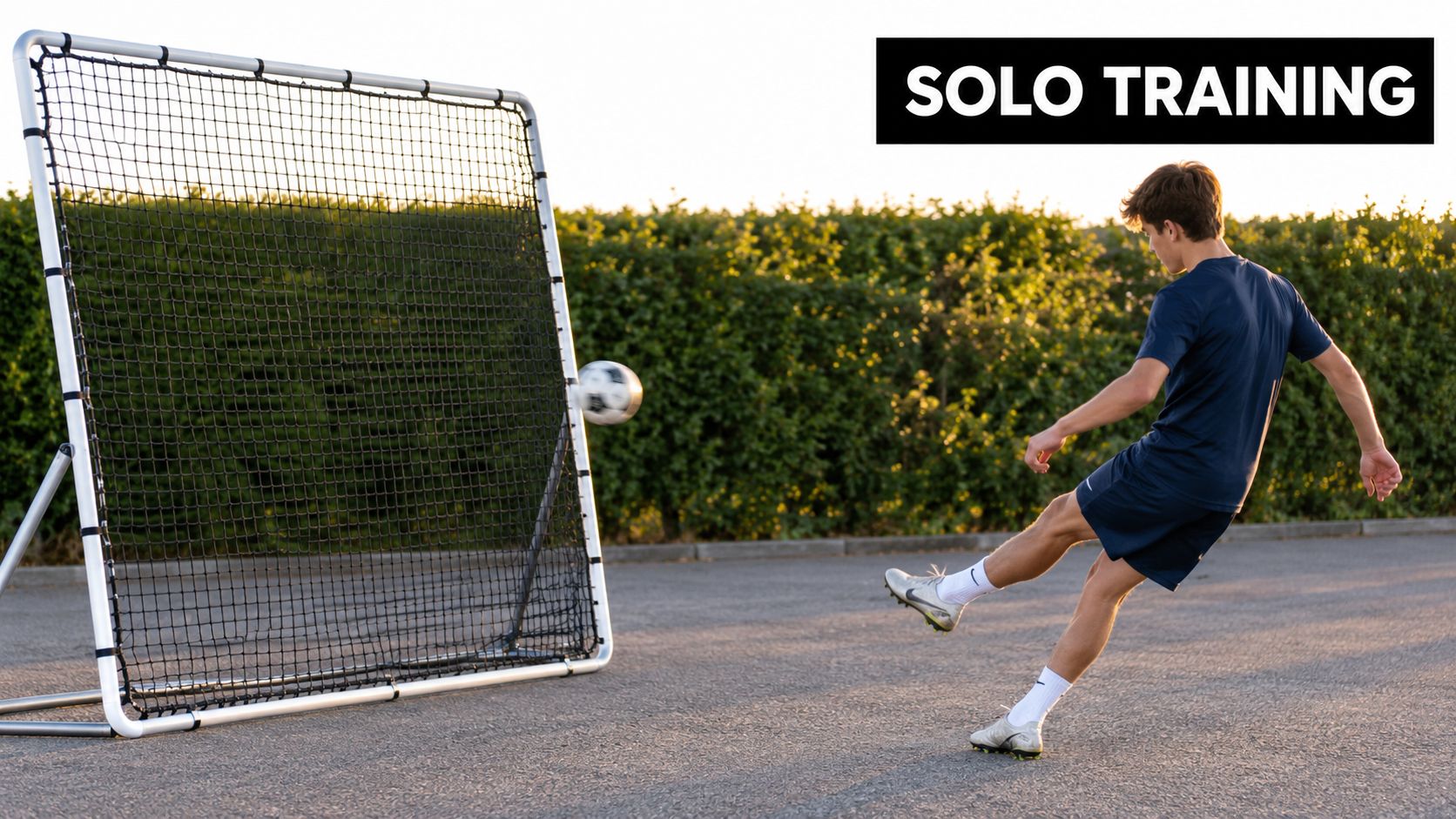 A young male soccer player practicing his kicking skills using a metal rebounder net outdoors.