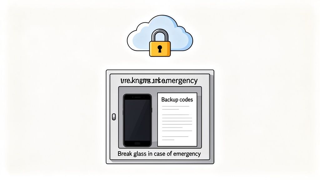 A secured cloud icon above an emergency box containing a smartphone and backup codes.