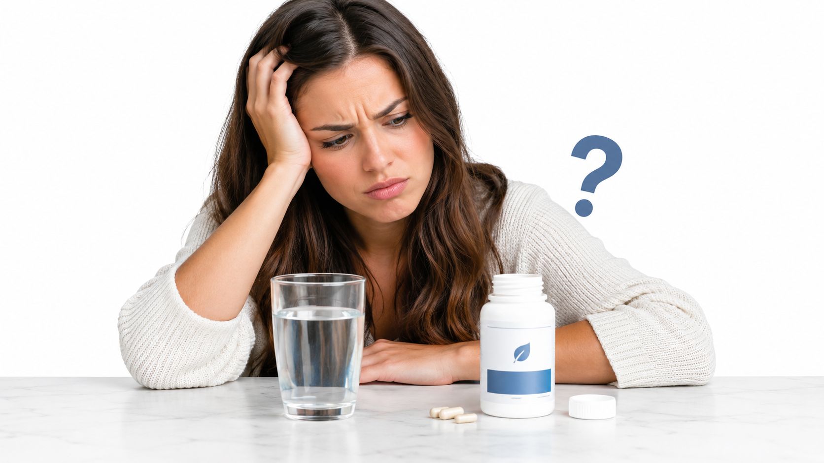 A concerned woman sitting at a table with a glass of water and nutritional supplement capsules.
