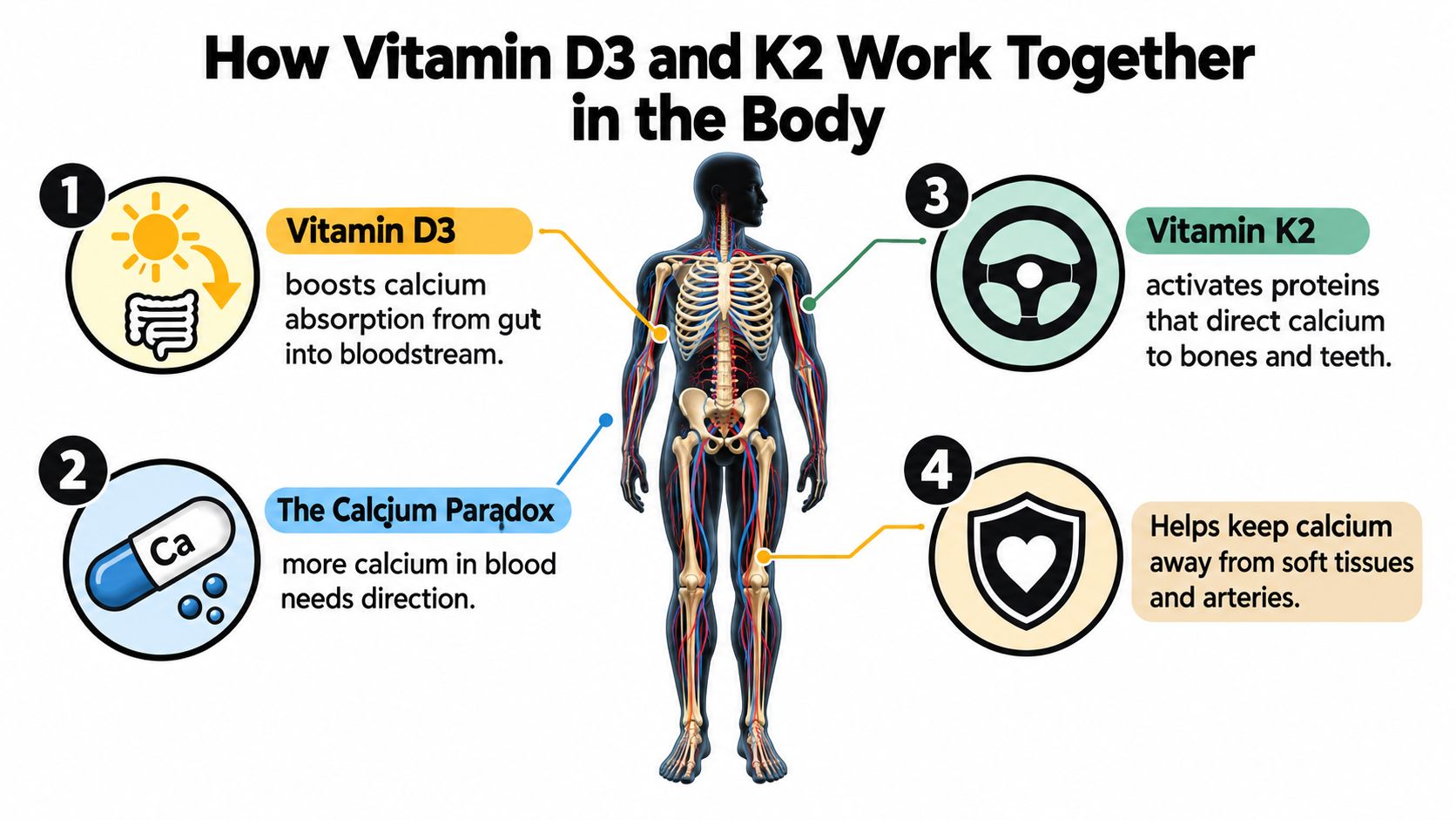 A diagram explaining how Vitamin D3 and K2 work together to manage calcium in the human body.