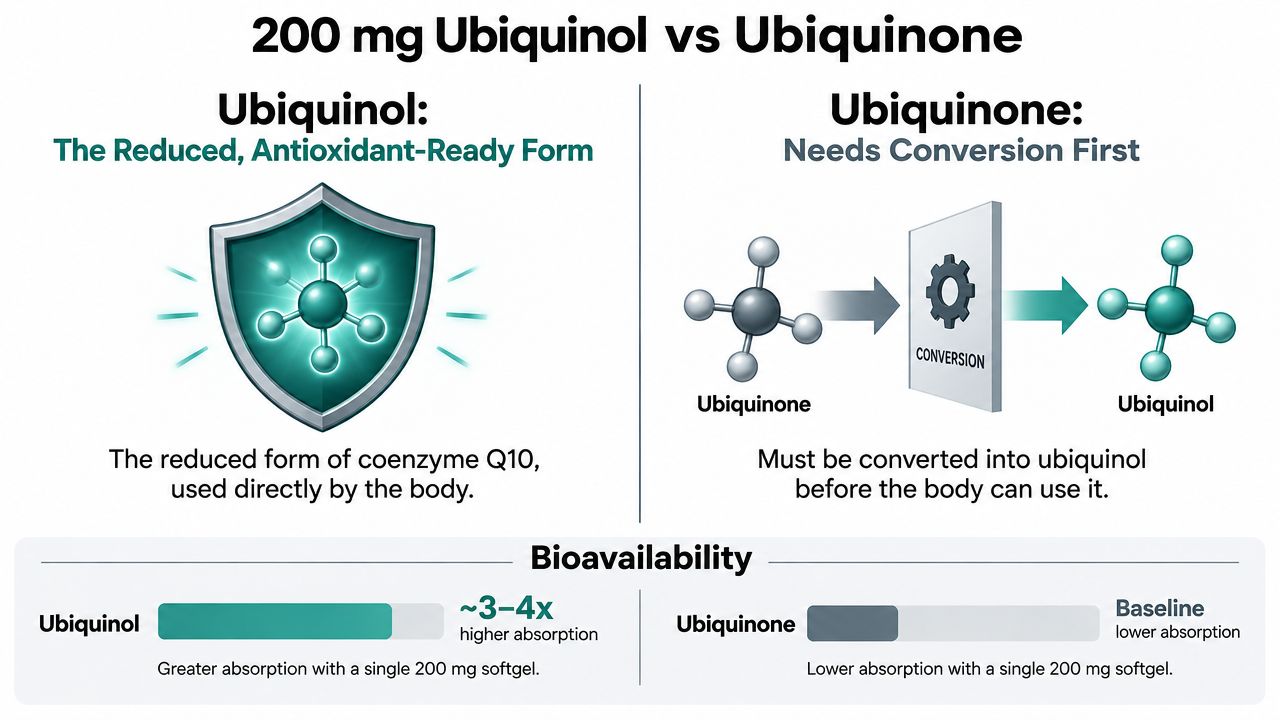 A comparison infographic showing 200 mg of Ubiquinol versus Ubiquinone, highlighting their bioavailability and bodily usage.