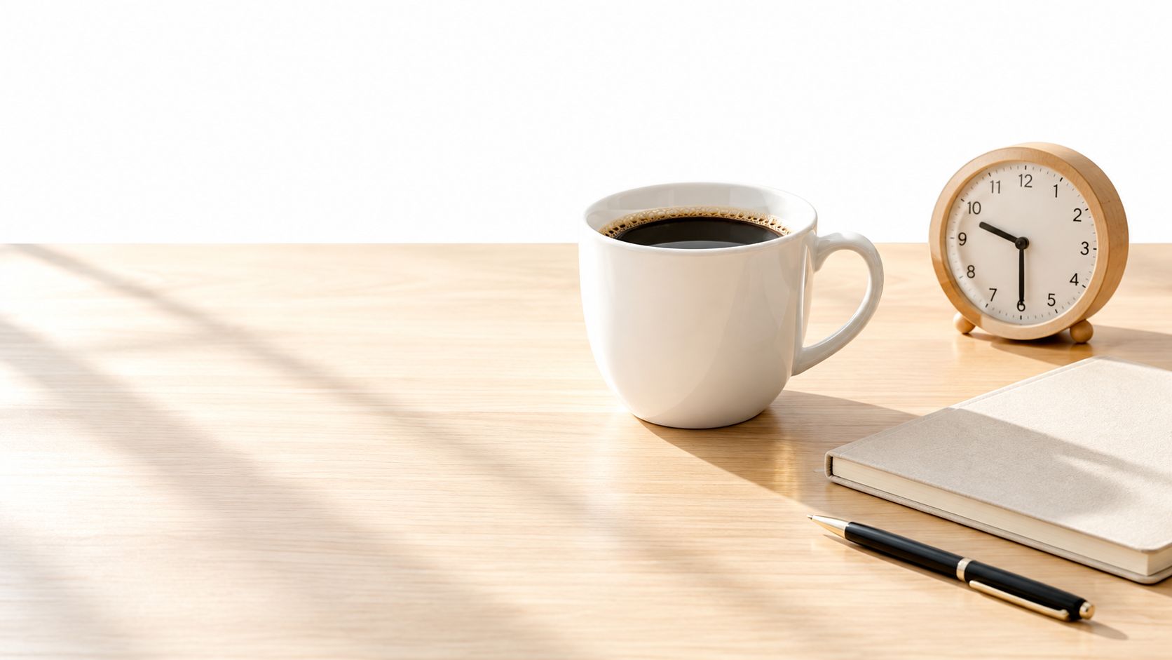 A warm, sunlit wooden workspace with a cup of black coffee, an analog clock, and a notebook.