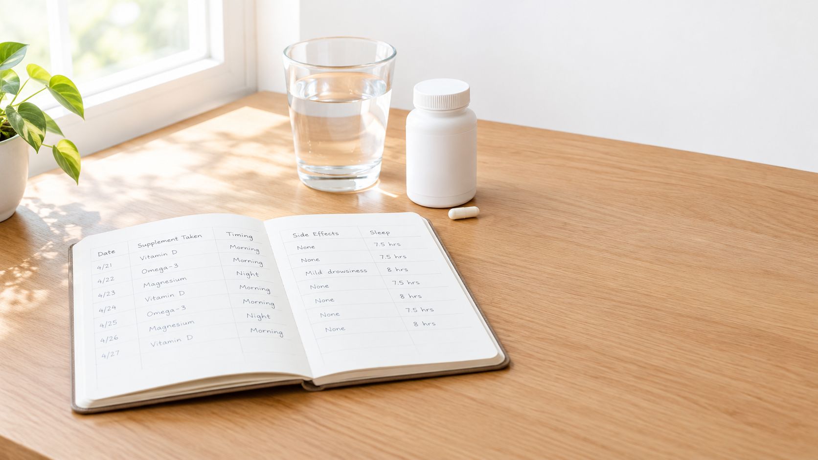A journal tracking supplement usage, sleep duration, and side effects rests on a wooden table near water.