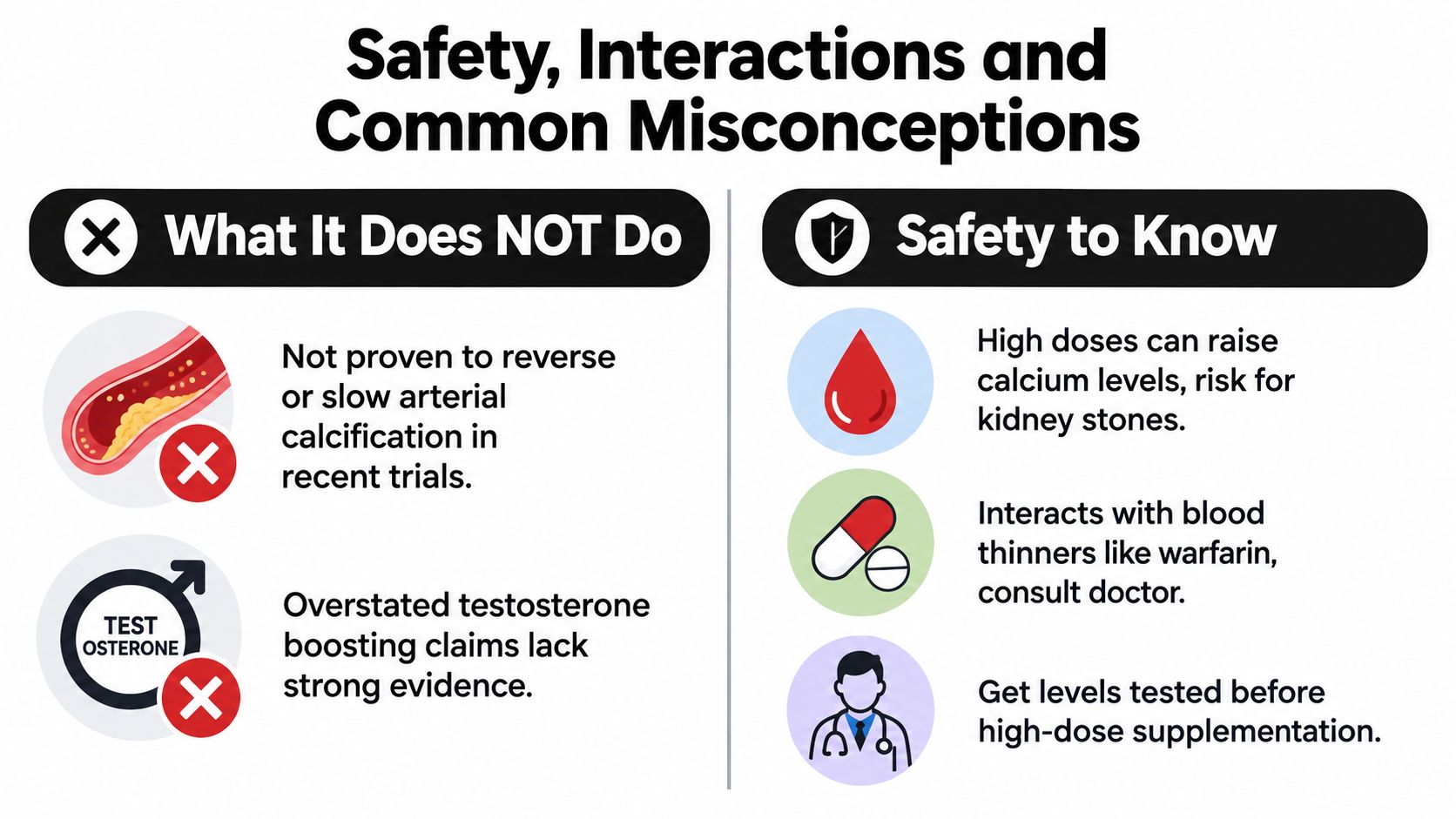 An infographic detailing safety precautions, interactions, and common misconceptions regarding vitamin D3 and K2 supplementation.