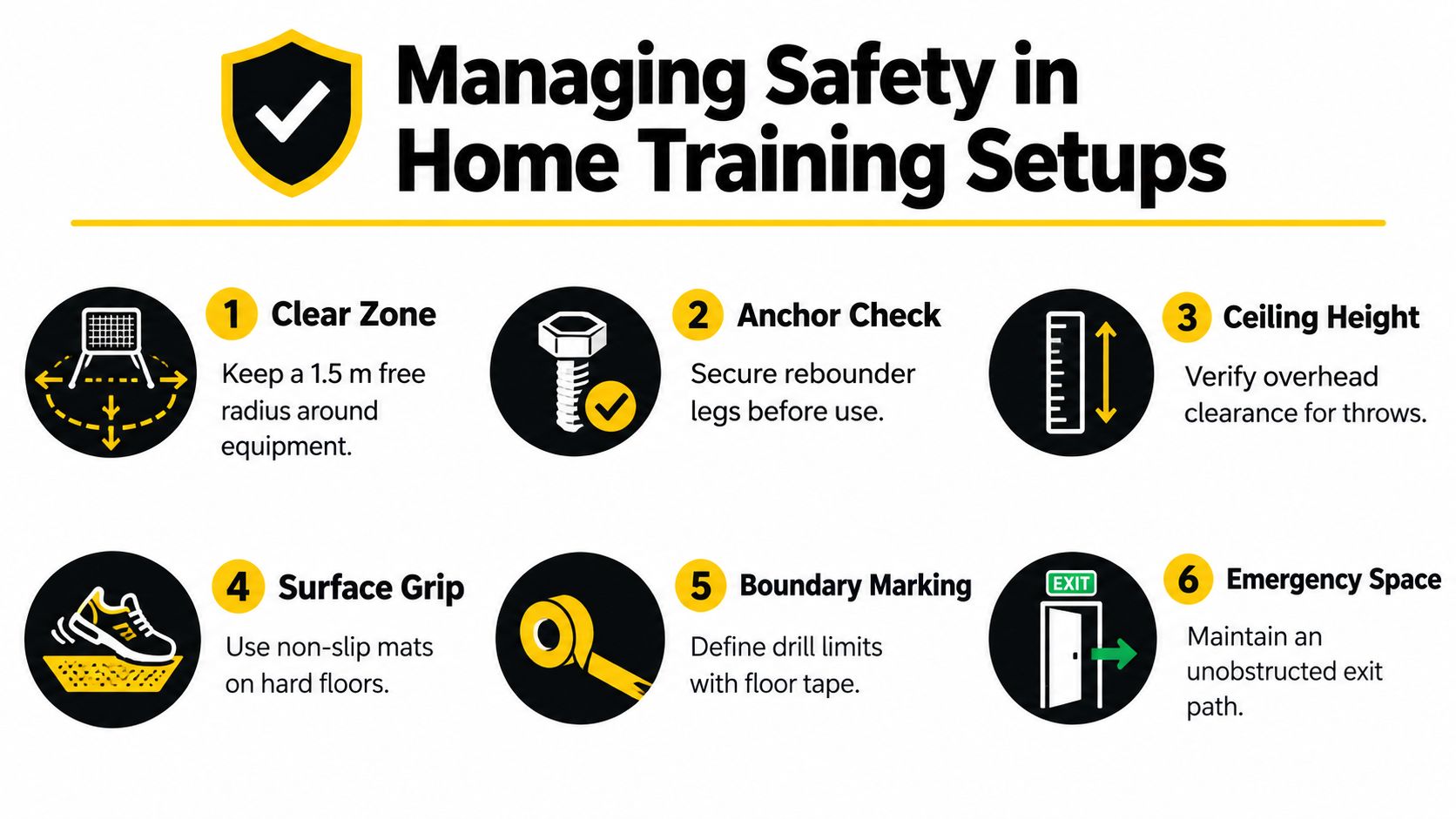 A safety infographic titled Managing Safety in Home Training Setups with six numbered tips for safe equipment use.