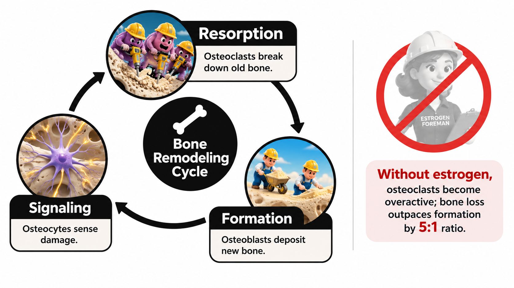 A diagram illustrating the bone remodeling cycle involving signaling, resorption, and formation, highlighting the impact of estrogen loss.
