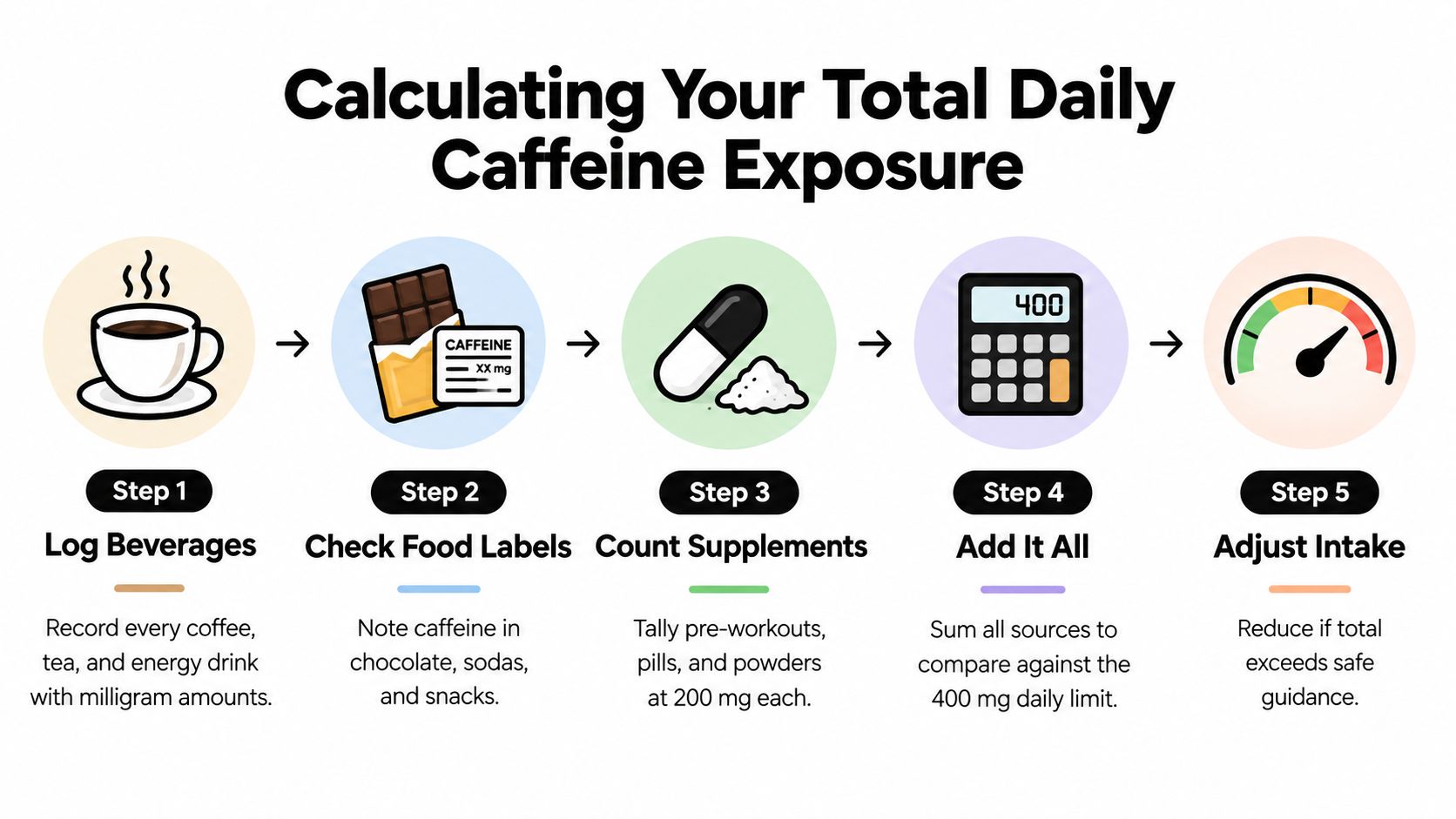 An infographic showing five steps to calculate daily caffeine intake from beverages, food, and supplements.