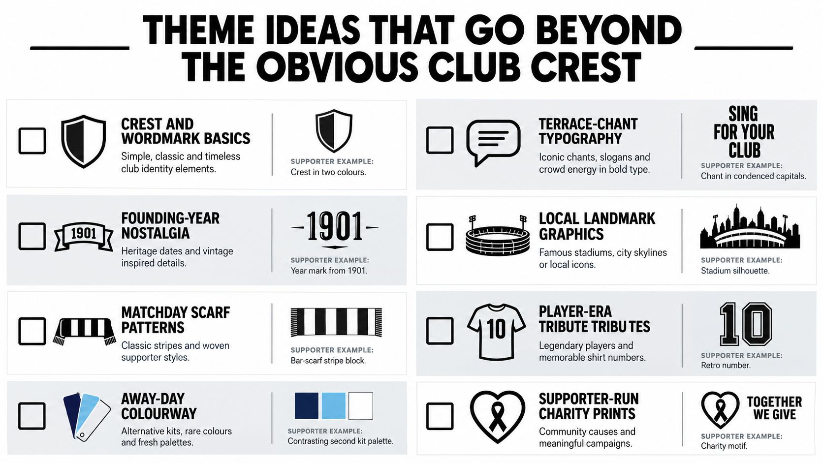 An infographic titled Theme Ideas That Go Beyond The Obvious Club Crest, listing eight creative design themes.