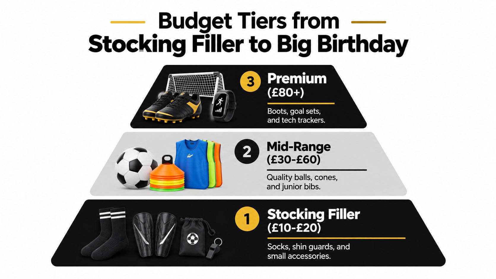 A tiered graphic illustrating football gift ideas for kids categorized by budget ranges from £10 to £80+.