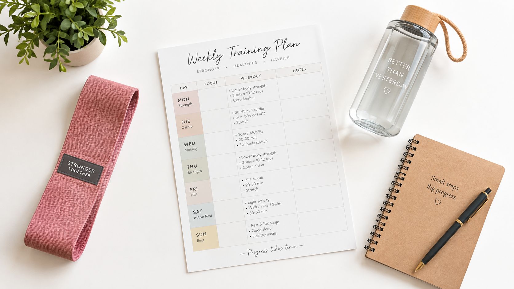 A weekly fitness training plan document on a white desk with a resistance band, notebook, and water bottle.