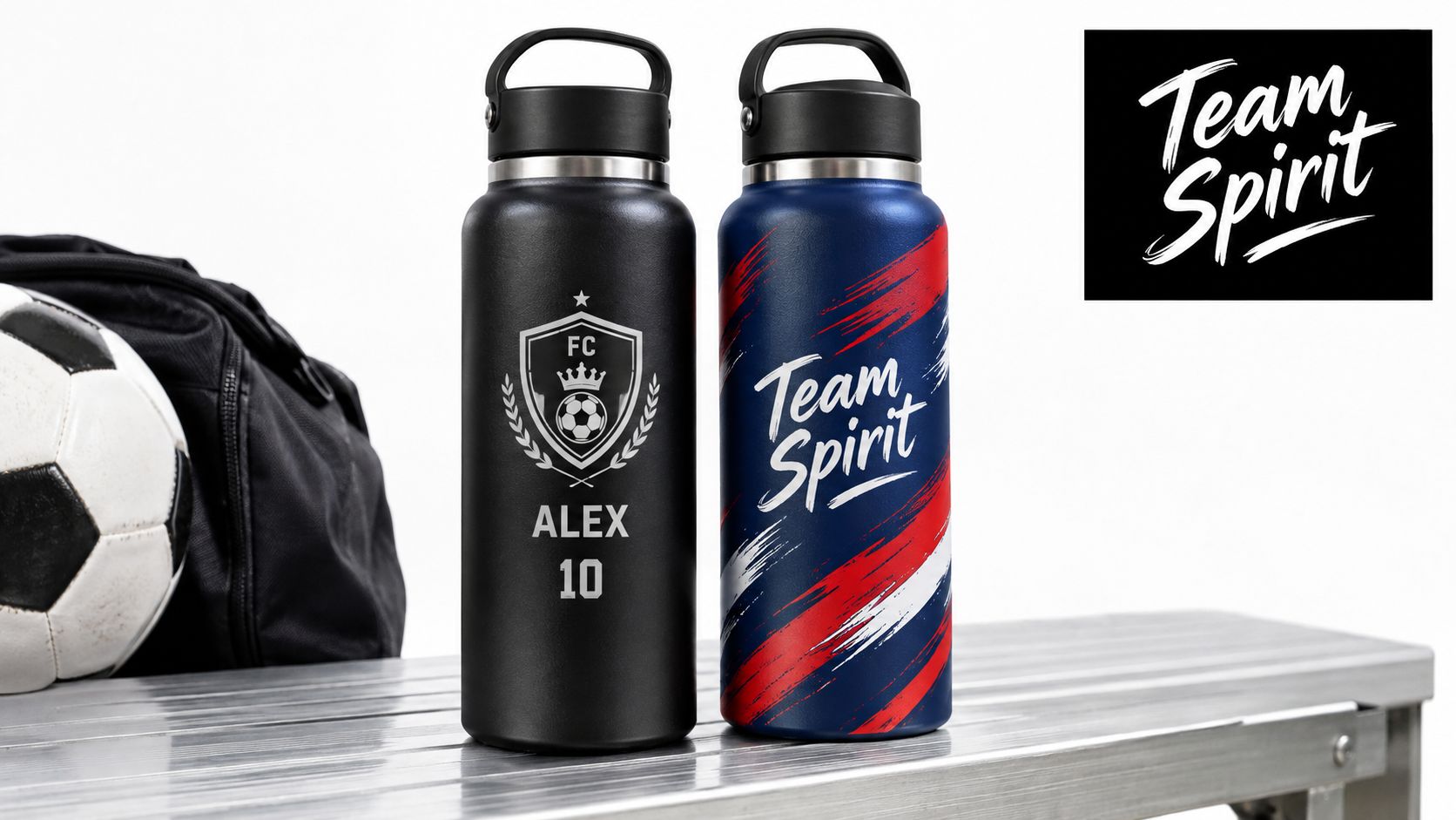 Two personalized stainless steel water bottles featuring custom soccer themed graphics sitting on a metal bench.