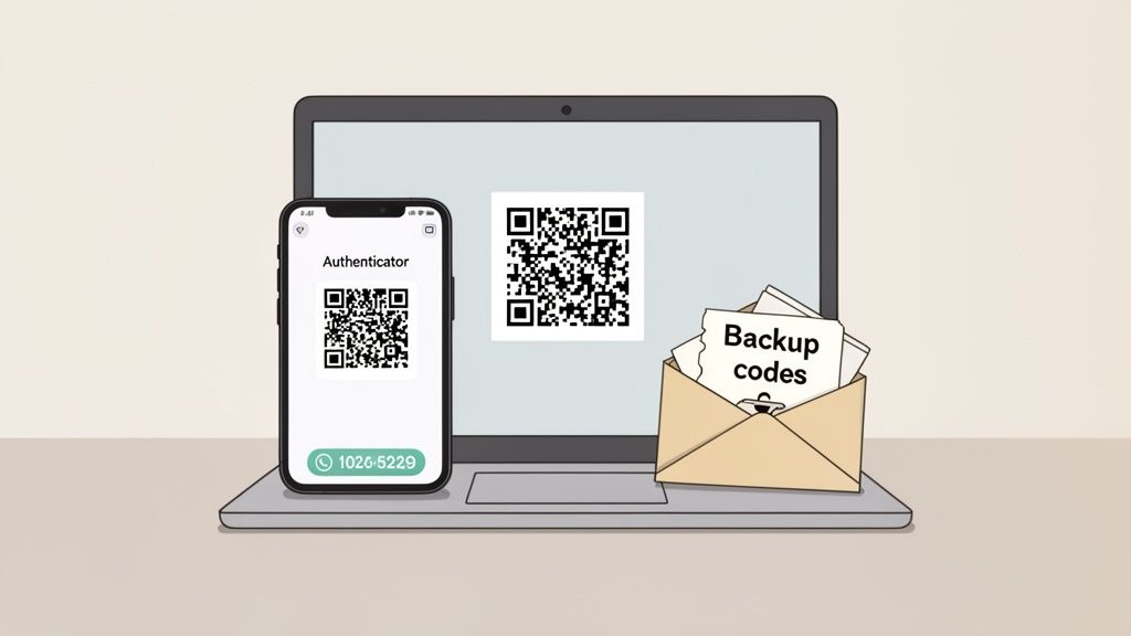 A smartphone and laptop displaying QR codes for an authenticator app, alongside backup codes in an envelope.