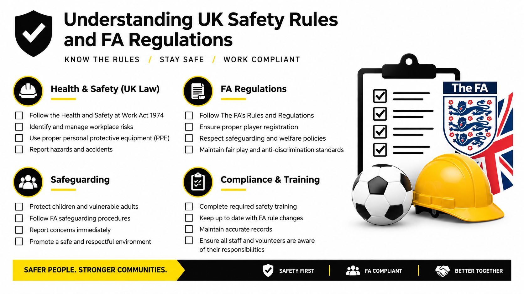 An infographic titled Understanding UK Safety Rules and FA Regulations featuring safety, compliance, and football guidelines.