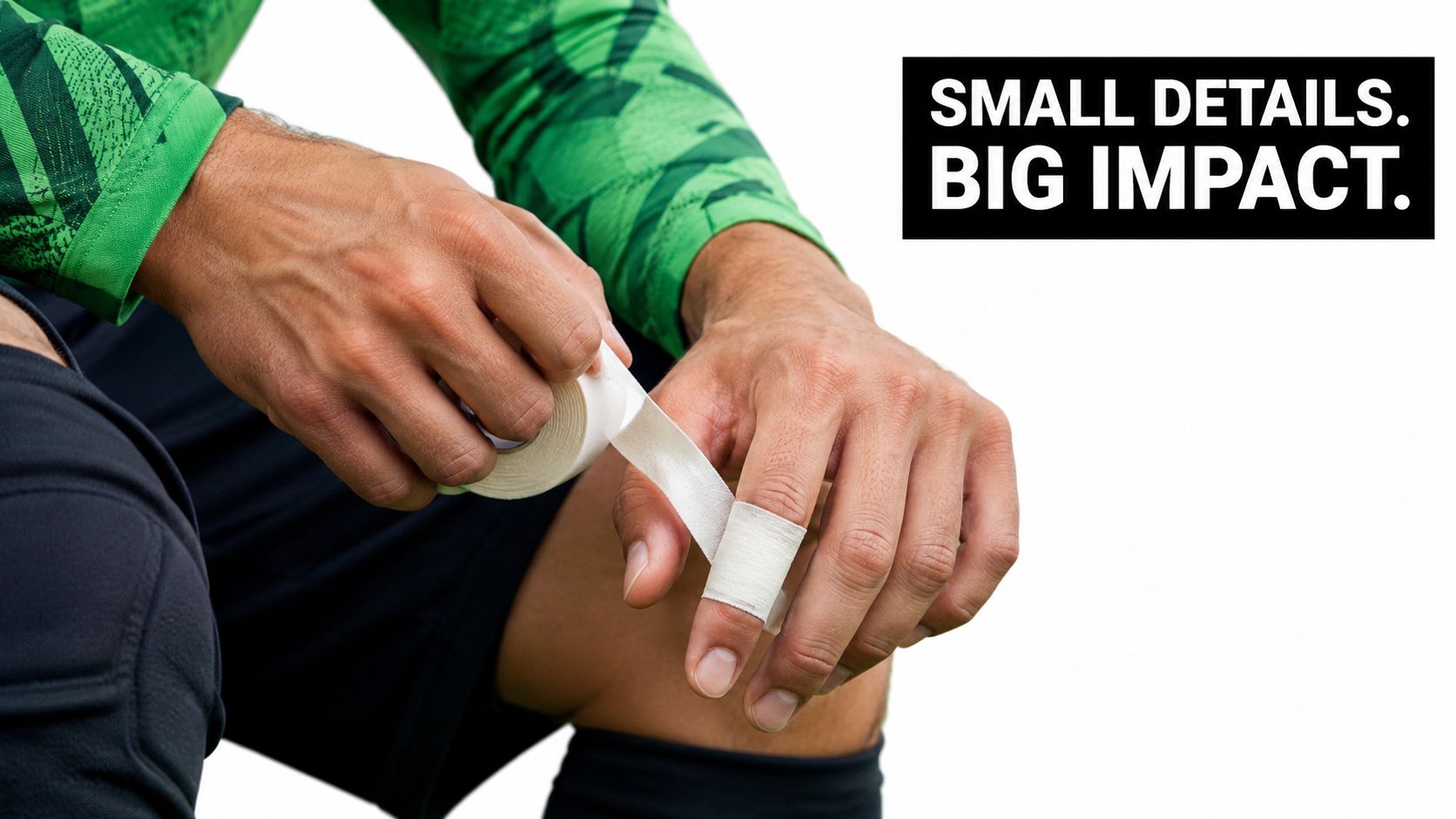 A professional goalkeeper wrapping athletic tape around their injured finger before a soccer match.