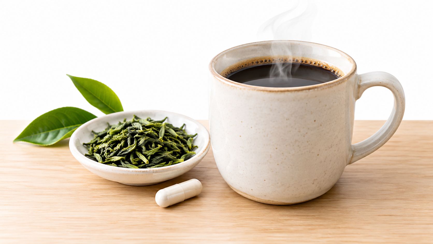 A steaming mug of dark coffee next to a small dish of green tea leaves and a capsule.
