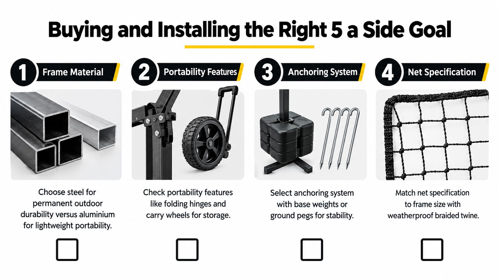 A four-step infographic guide on buying and installing the right 5-a-side football goal.