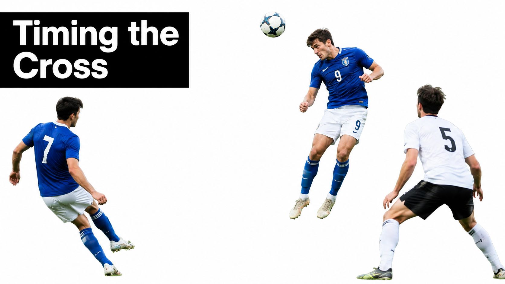 A split image showing a soccer player performing a cross and another player heading the ball.