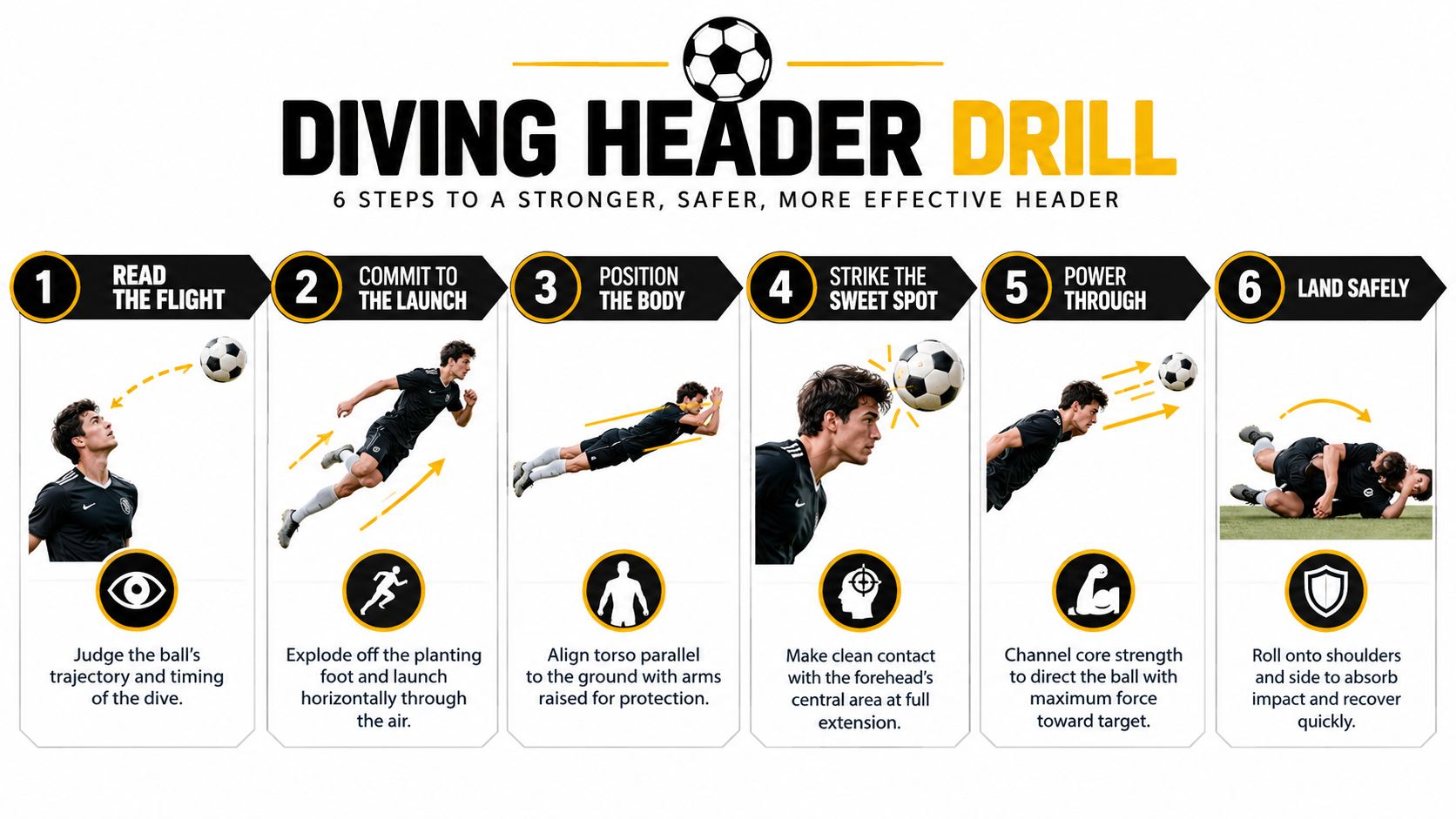 A six-step instructional infographic demonstrating the proper technique for executing a safe and effective diving header in soccer.