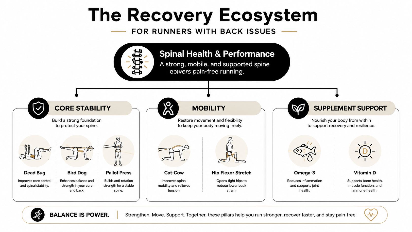 A diagram outlining recovery exercises, stretches, and supplements to support spinal health for runners with back pain.