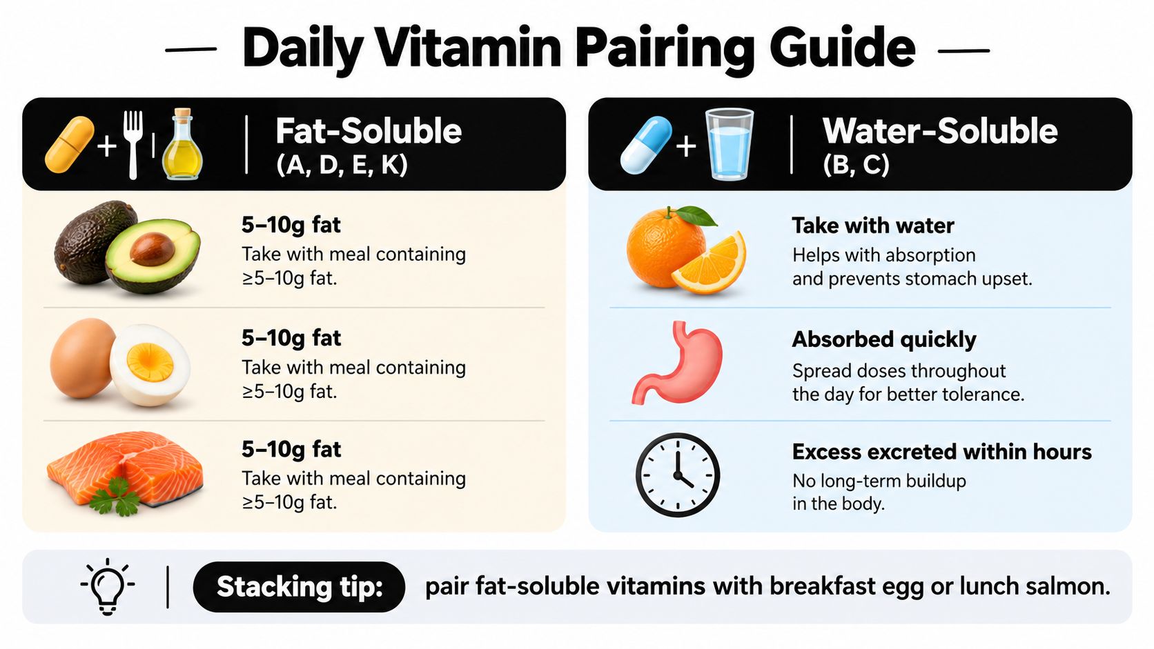 An infographic titled Daily Vitamin Pairing Guide showing how to take fat-soluble and water-soluble vitamins.