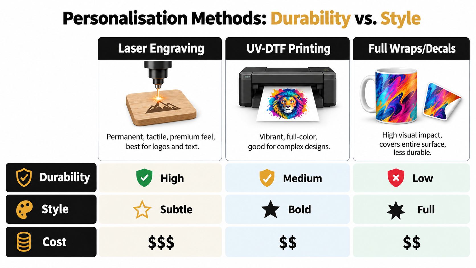 A comparison chart showing the durability, style, and cost of laser engraving, UV-DTF printing, and full wraps for personalization.