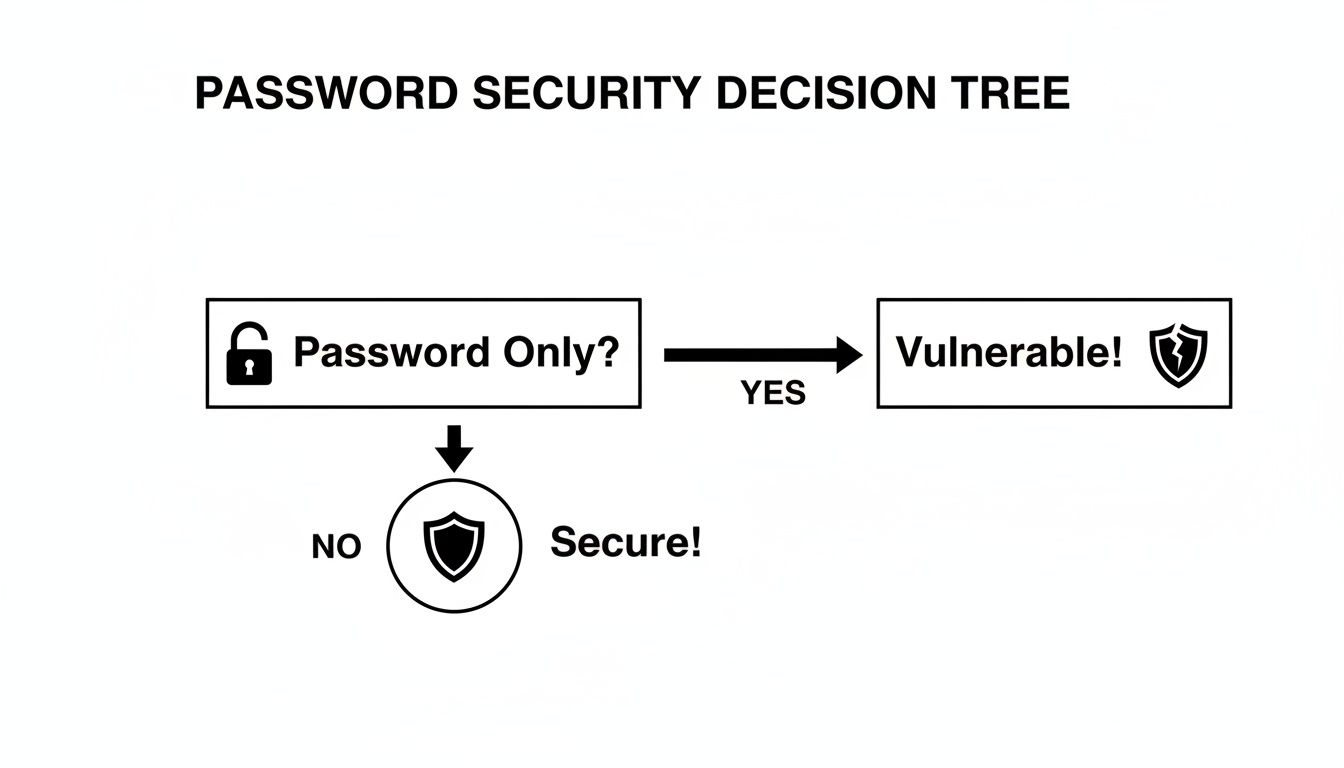 Decision tree illustrating password security: password only is vulnerable, while additional authentication methods are secure.
