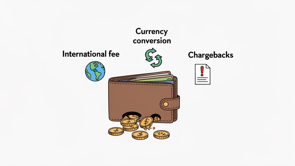 An illustration of a wallet losing coins, representing money lost to international fees, currency conversion, and chargebacks.