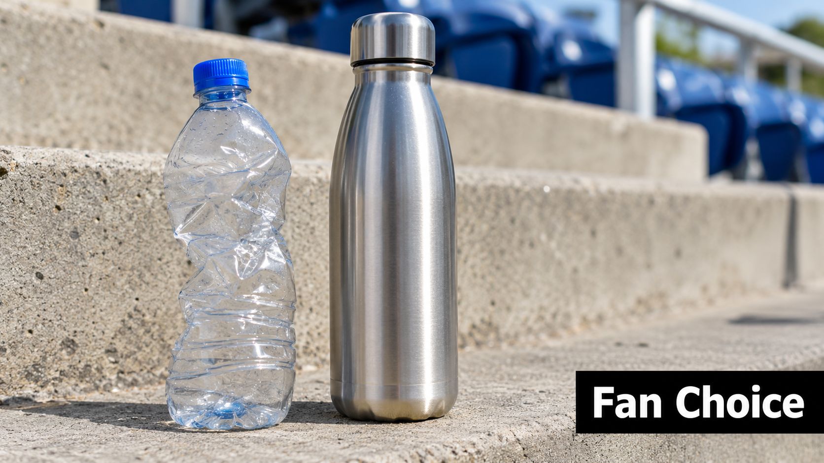 A crumpled plastic water bottle standing next to a sleek stainless steel bottle on concrete stadium bleachers.