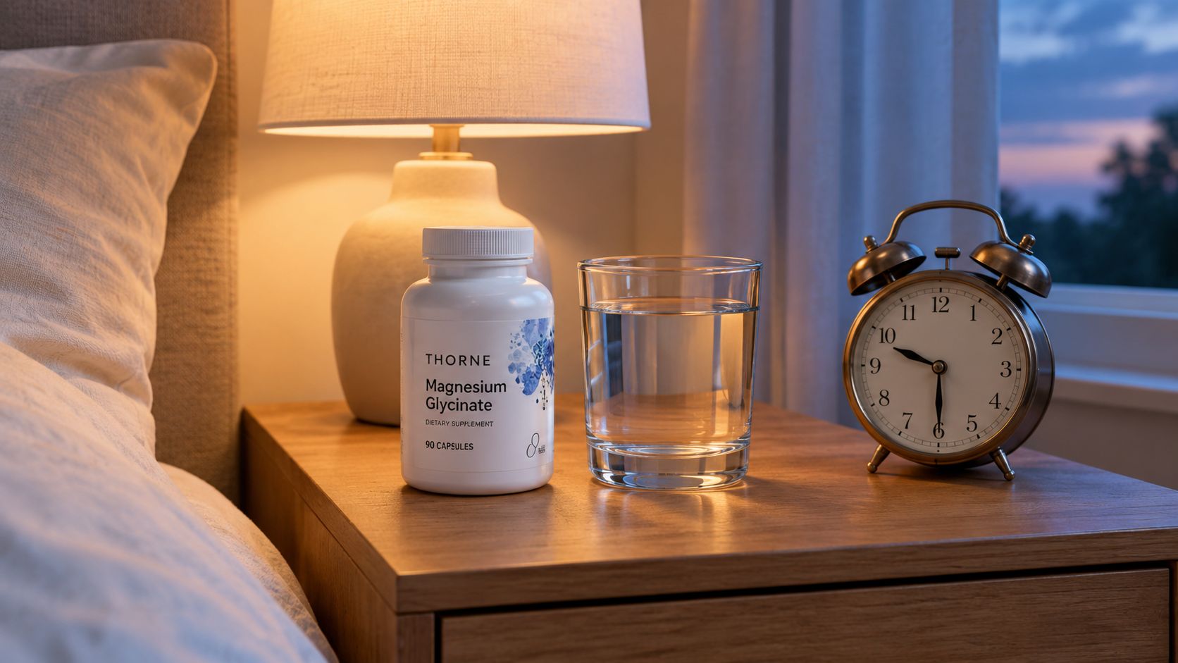 A bottle of Thorne Magnesium Glycinate supplements next to a glass of water and an alarm clock.