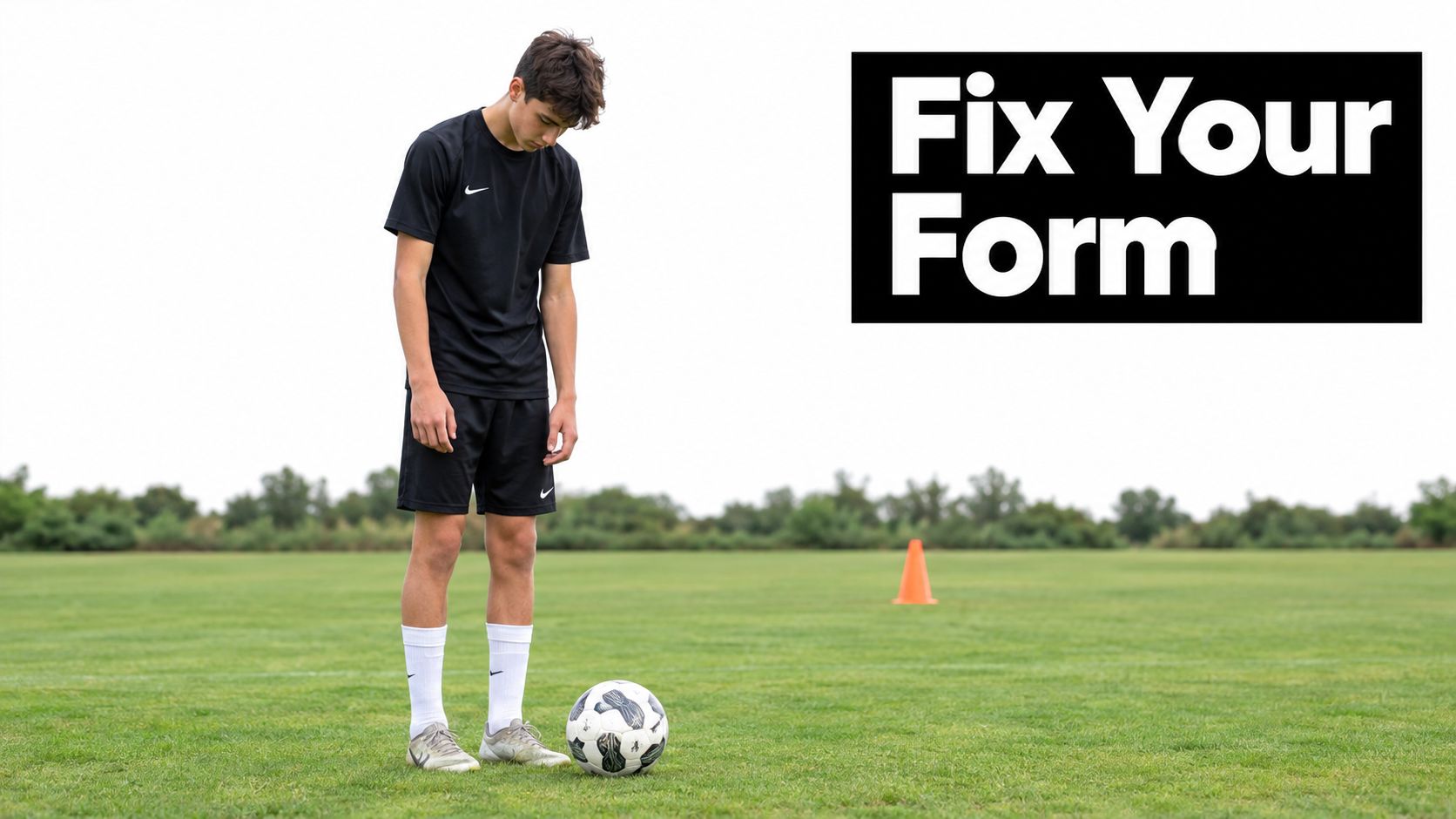A young male soccer player standing in a grassy field looking down at a football.