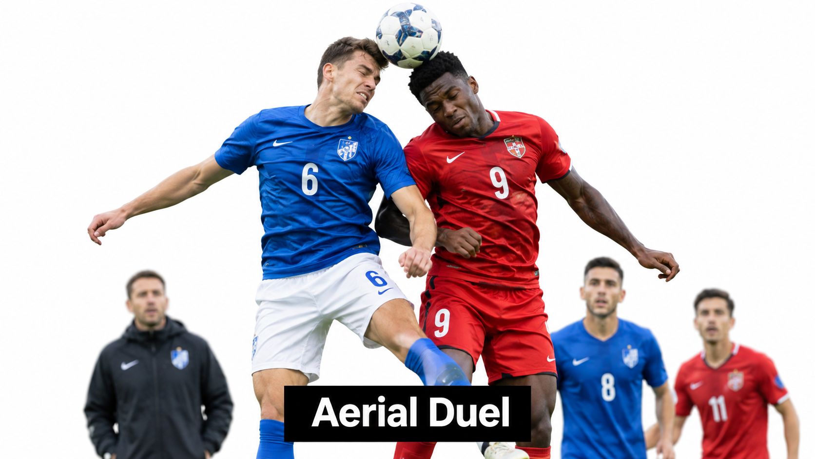 Two professional football players competing for an aerial ball during a training session on a white background.