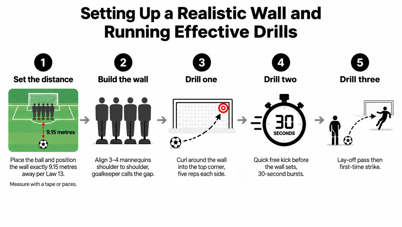 A step-by-step instructional graphic showing how to set up a soccer wall and practice free kick drills.