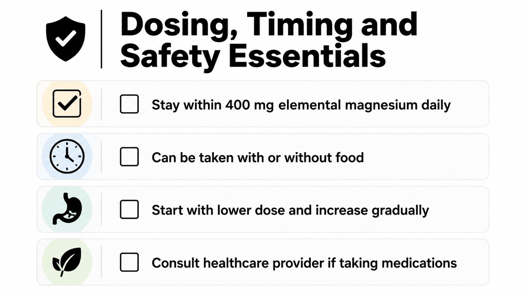 An infographic detailing magnesium dosage guidelines, timing suggestions, and essential safety tips for consumers.